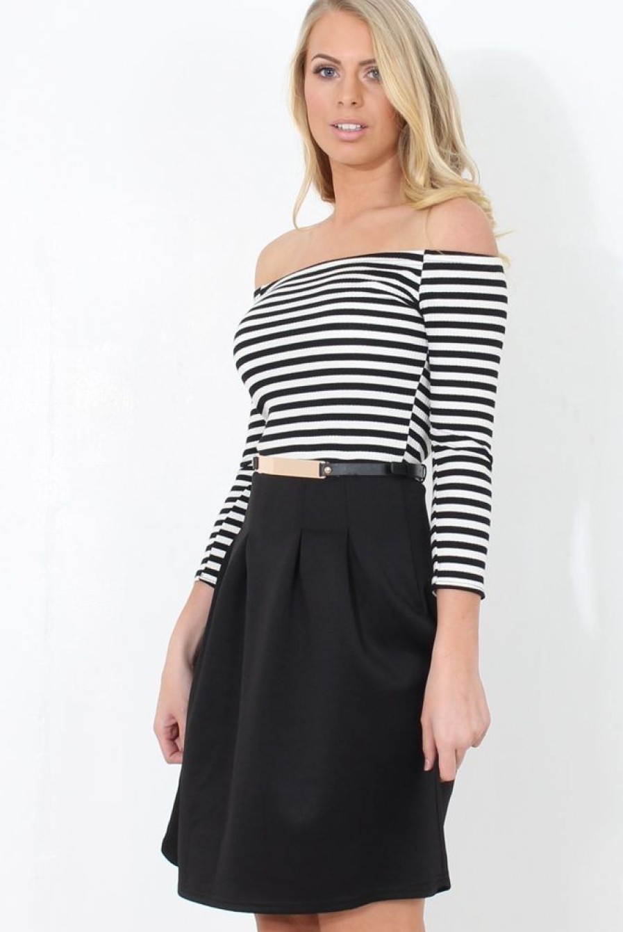 Clothing Rebellious Fashion | Black & White Off The Shoulder Skater Dress - Jacqui