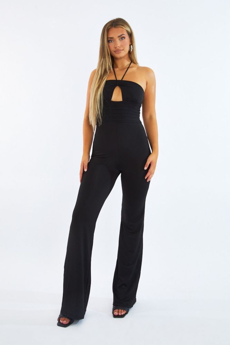 Clothing Rebellious Fashion | Black Cut Out Halter Neck Wide Leg Jumpsuit - Fiona