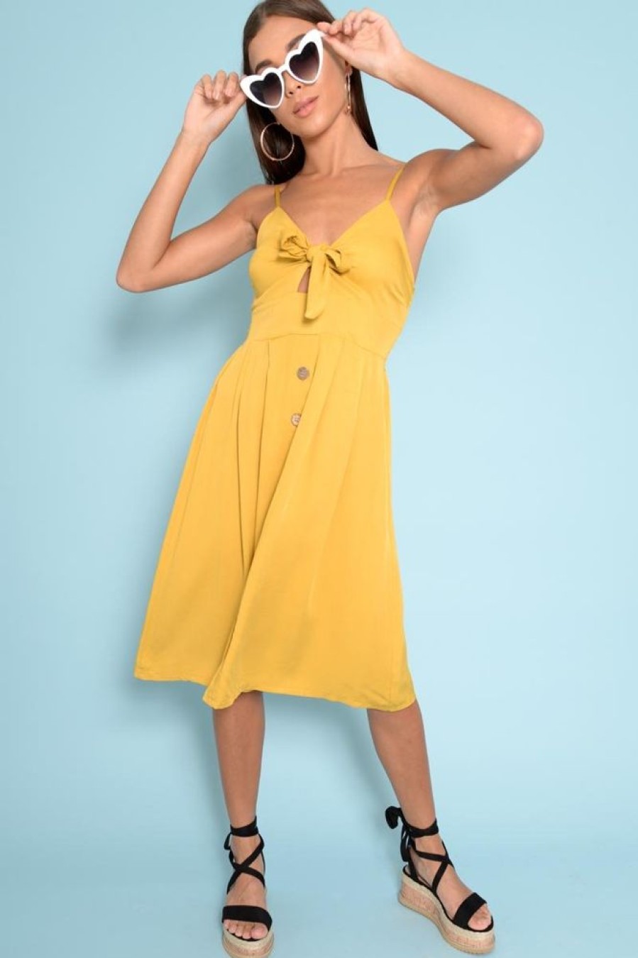 Clothing Rebellious Fashion | Mustard Knot Front Button Dress - Kadia