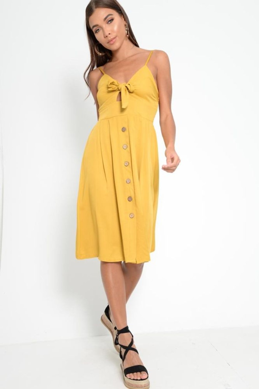 Clothing Rebellious Fashion | Mustard Knot Front Button Dress - Kadia