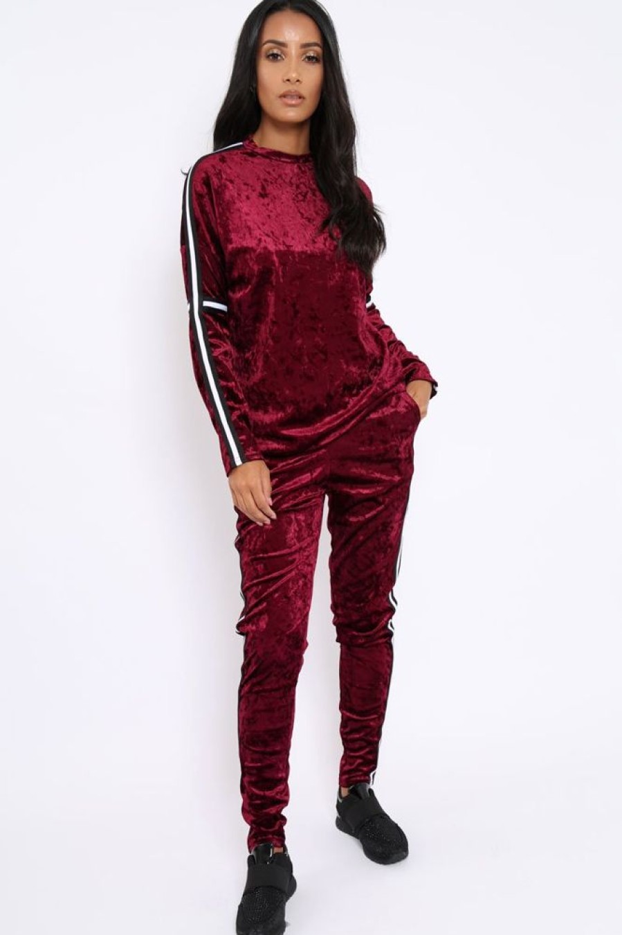 Clothing Rebellious Fashion | Wine Velvet Striped Trim Co-Ord Set - Beau