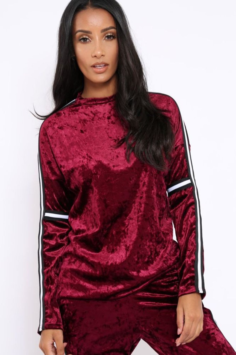 Clothing Rebellious Fashion | Wine Velvet Striped Trim Co-Ord Set - Beau