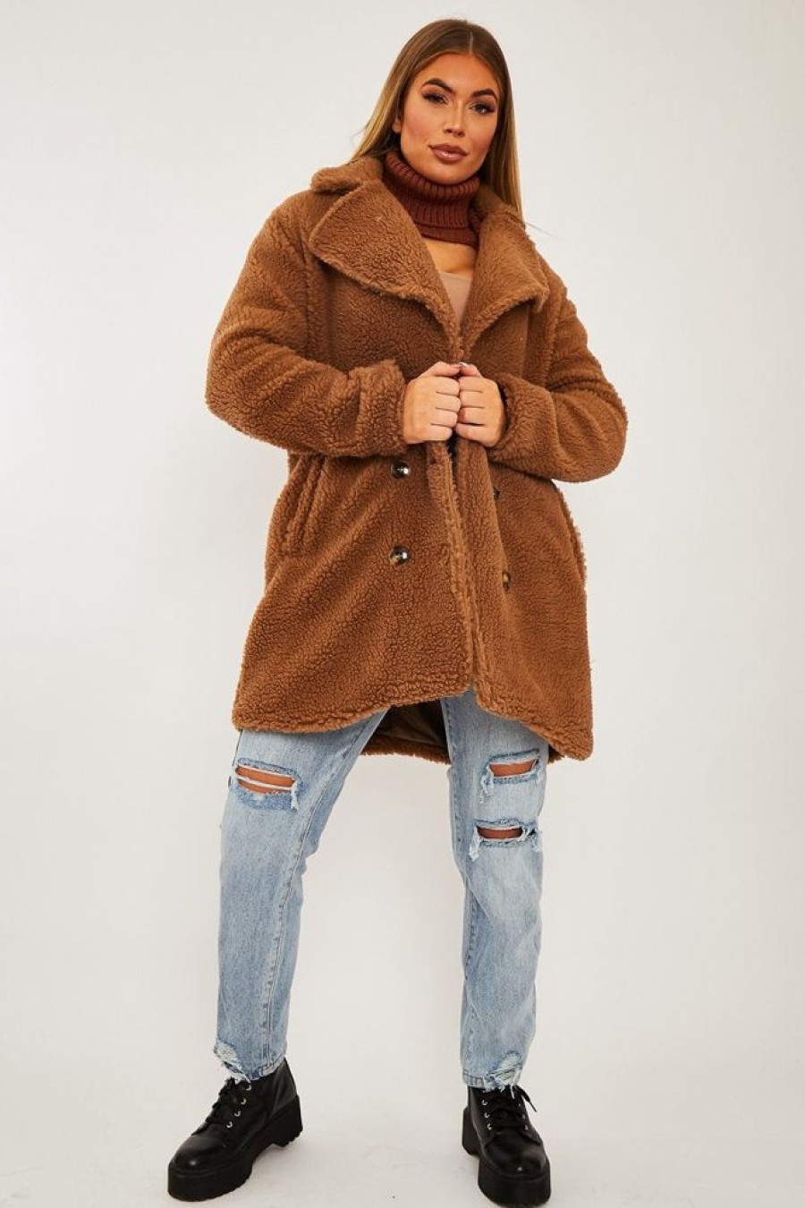 Clothing Rebellious Fashion | Brown Double Breasted Button Front Teddy Coat - Maizee