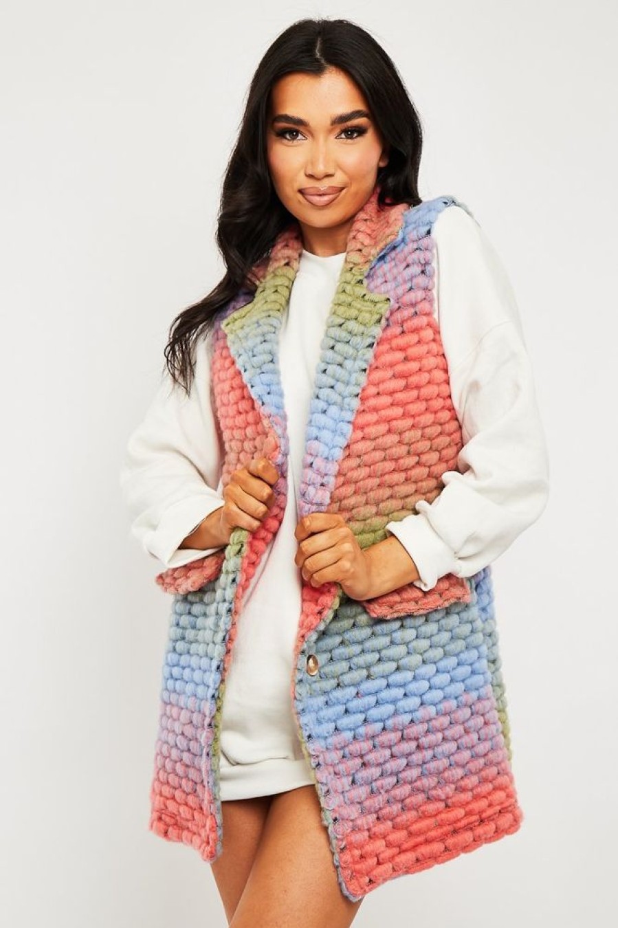 Clothing Rebellious Fashion | Multi Chunky Knit Sleeveless Shacket - Shanya