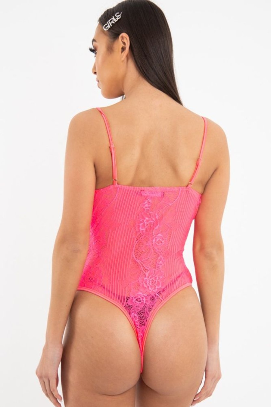 Clothing Rebellious Fashion | Pink Lace Hook Front Bodysuit - Sabrina