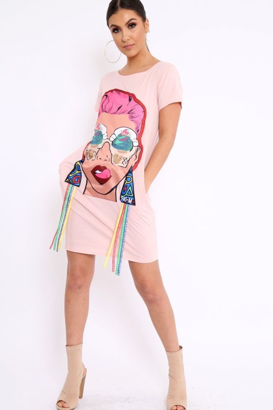 Clothing Rebellious Fashion | Pink Crew Neck Girls Face T-Shirt Dress With Tassels - Sway