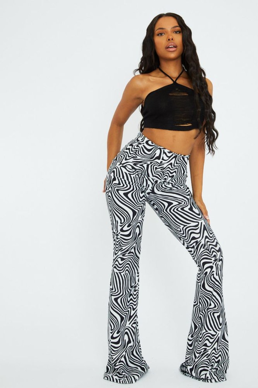 Clothing Rebellious Fashion | Black White Wave Print Slinky Flare Trousers - Ila