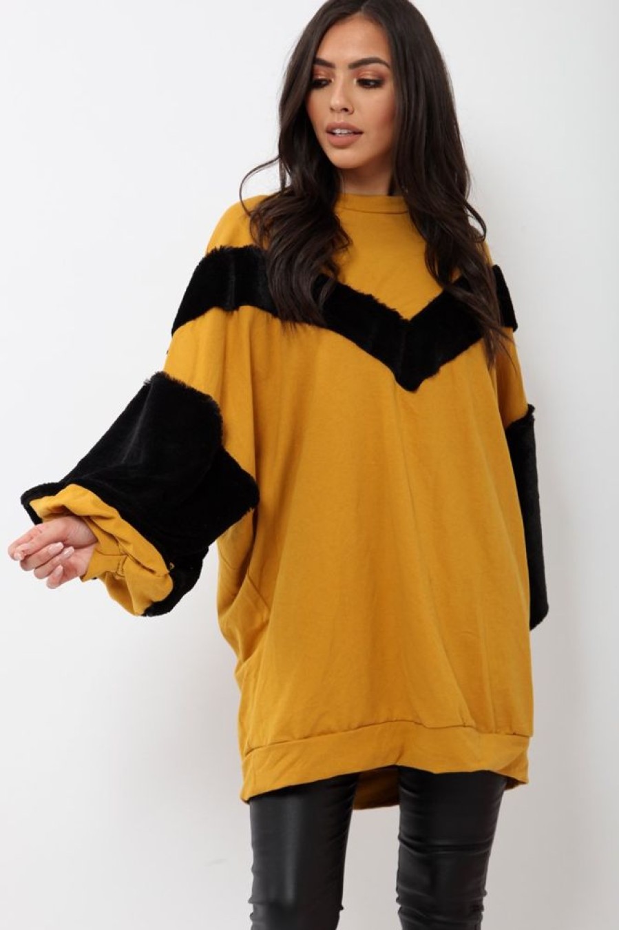 Clothing Rebellious Fashion | Mustard Chevron Fur Jumper Dress - Esme