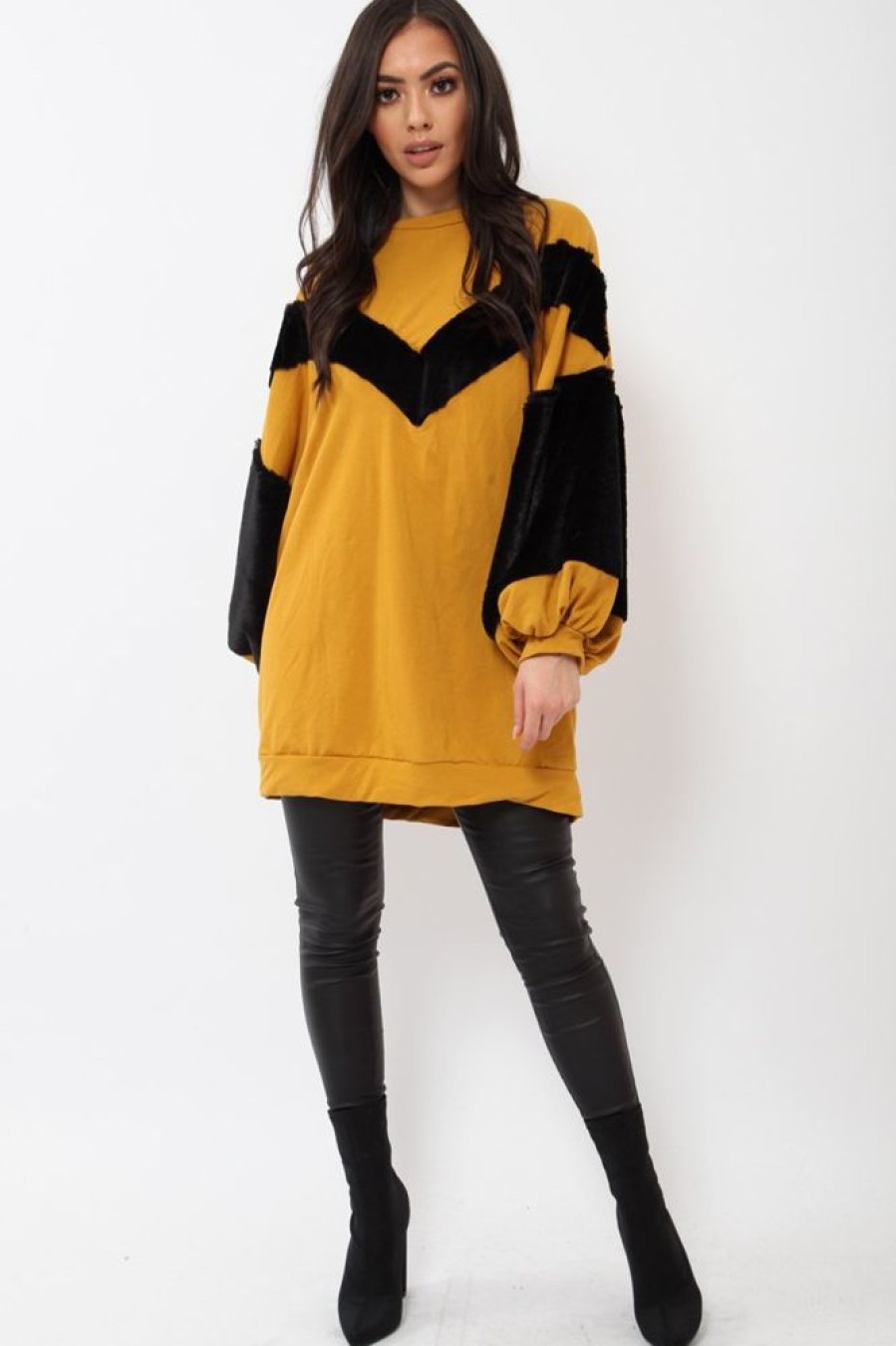 Clothing Rebellious Fashion | Mustard Chevron Fur Jumper Dress - Esme