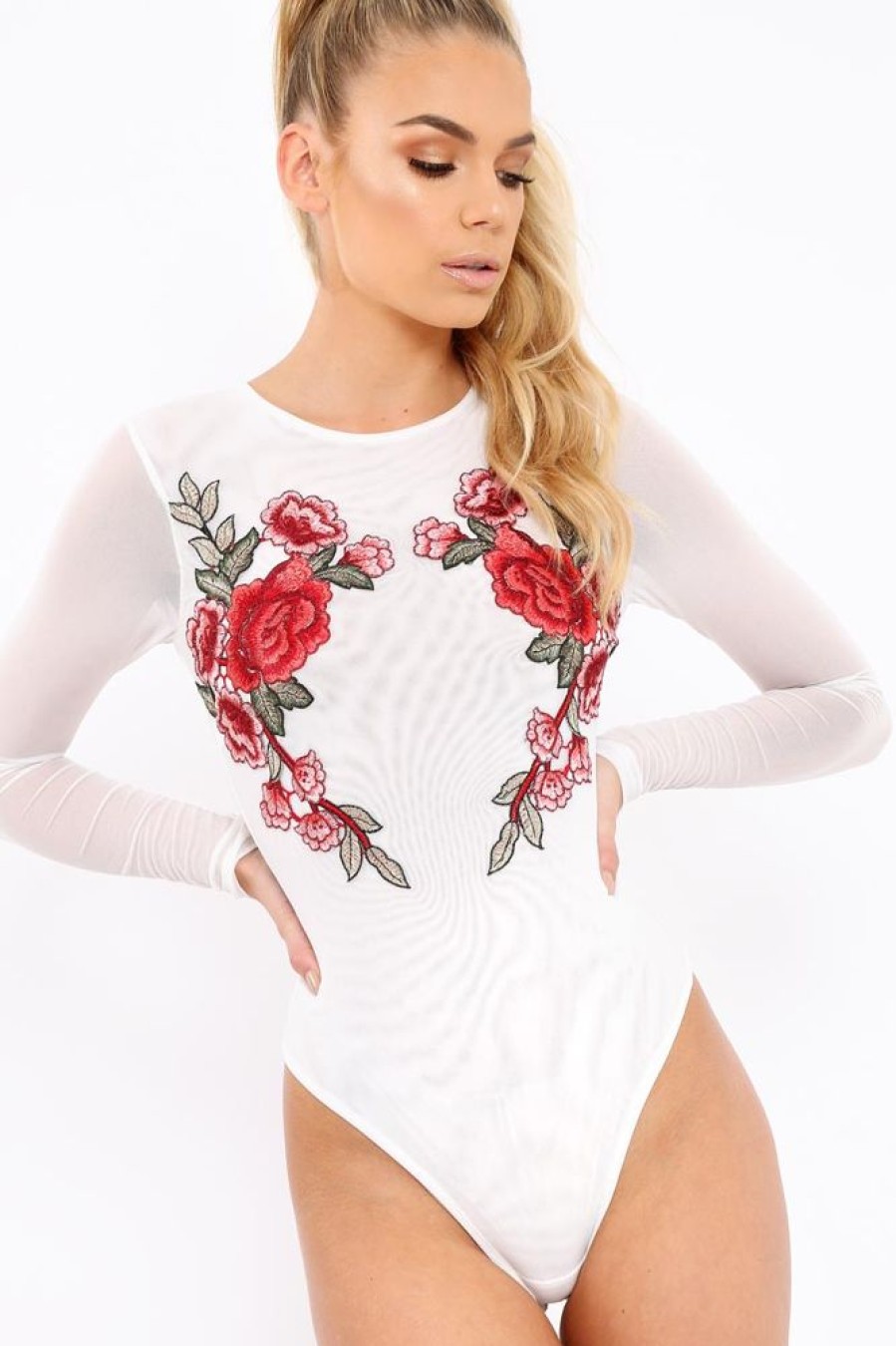 Clothing Rebellious Fashion | White Long Sleeves Floral Mesh Bodysuit - Daphne