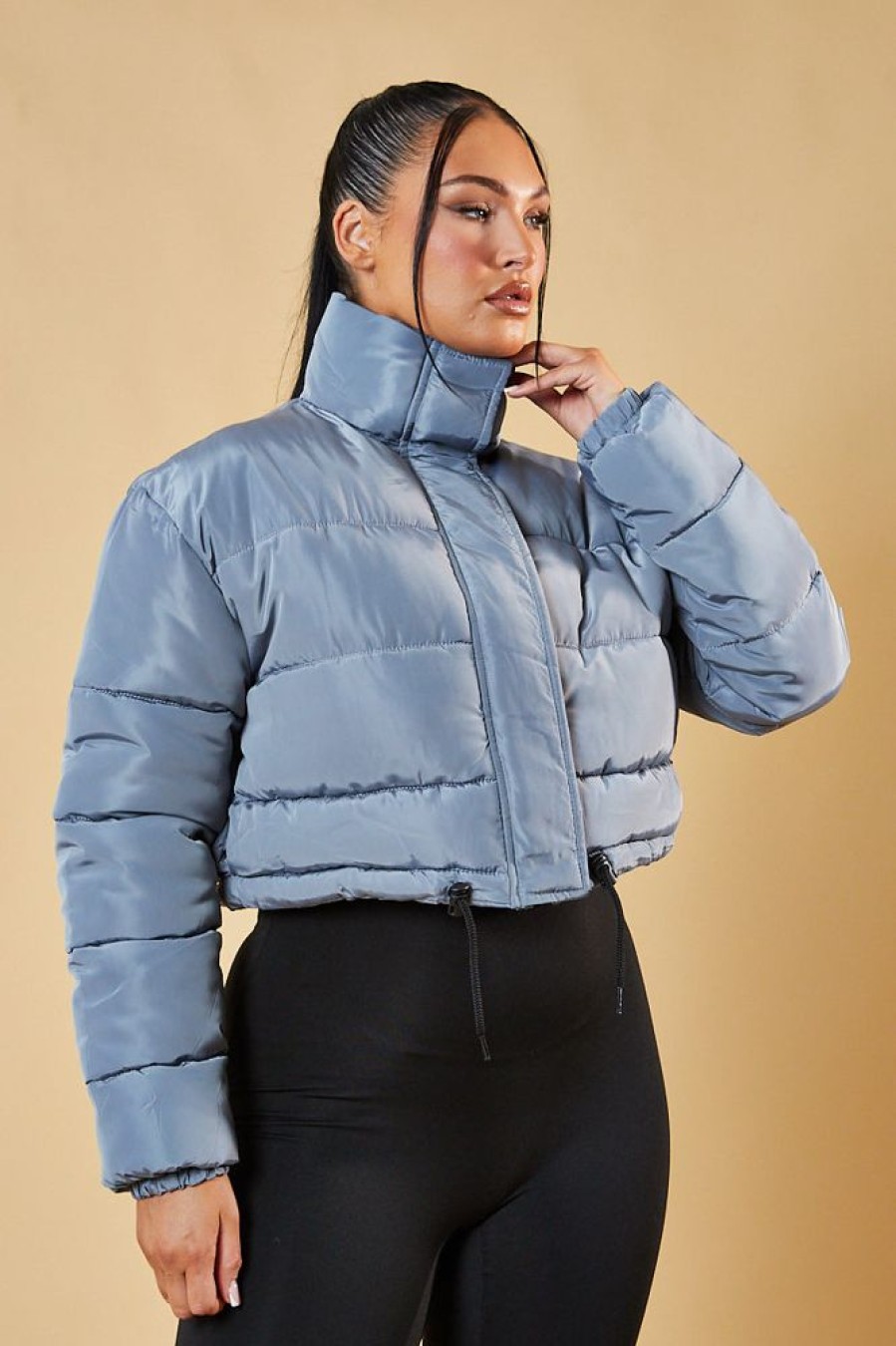 Clothing Rebellious Fashion | Grey High Neck Cropped Puffer Jacket - Mary