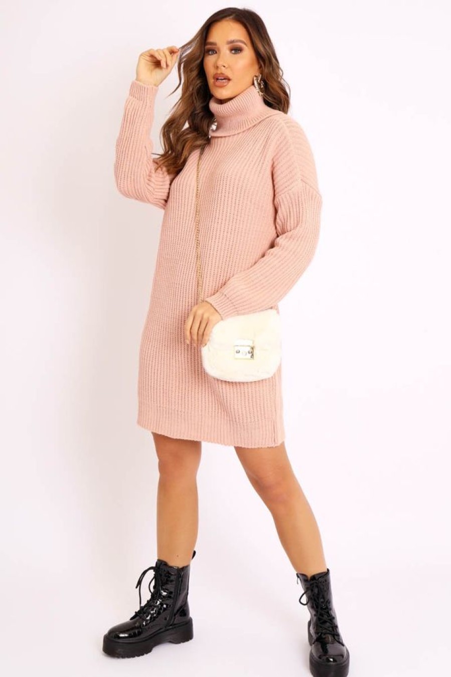 Clothing Rebellious Fashion | Pink Roll Neck Mini Jumper Dress - Dariyana