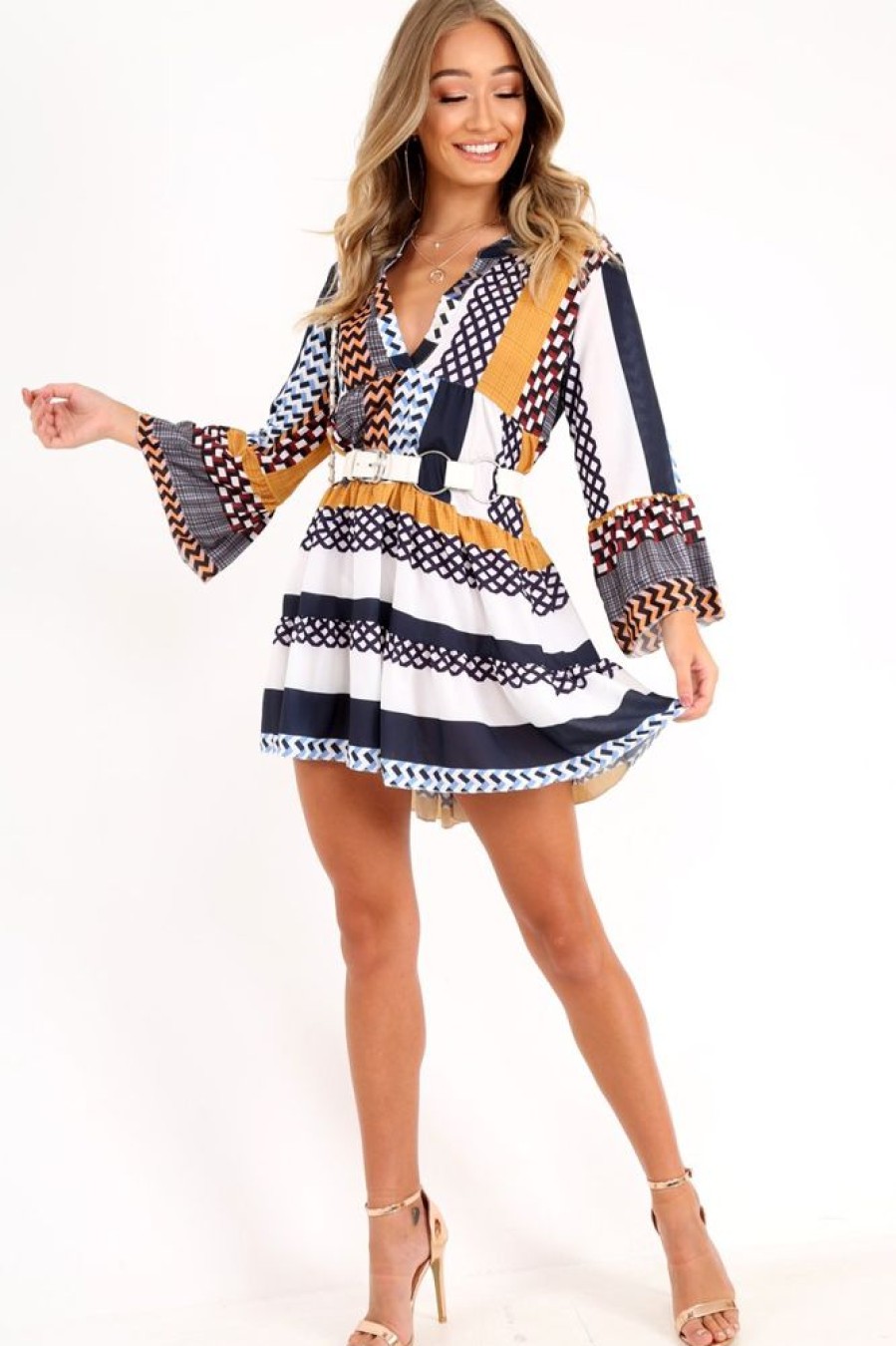 Clothing Rebellious Fashion | Mustard And Blue Plunge Aztec Flute Sleeve Shift Dress - Olesya