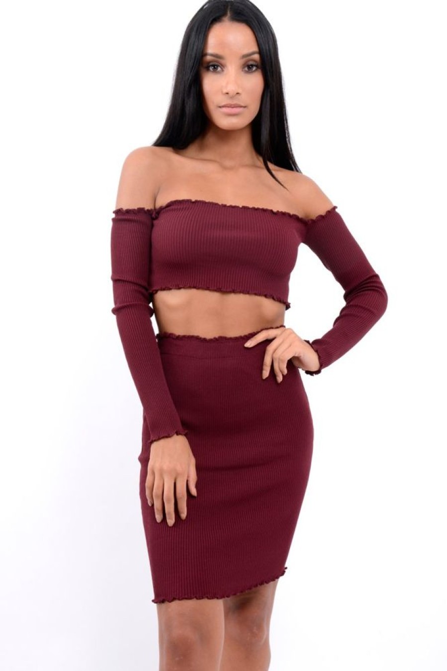 Clothing Rebellious Fashion | Wine Ribbed Knitted Co-Ord With Frill Hems - Sicilie