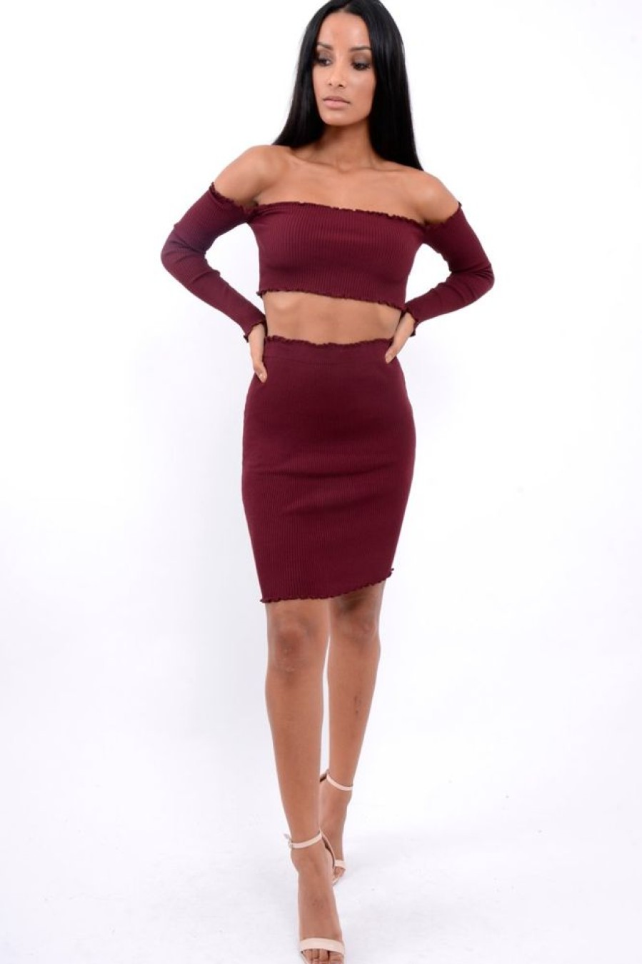 Clothing Rebellious Fashion | Wine Ribbed Knitted Co-Ord With Frill Hems - Sicilie