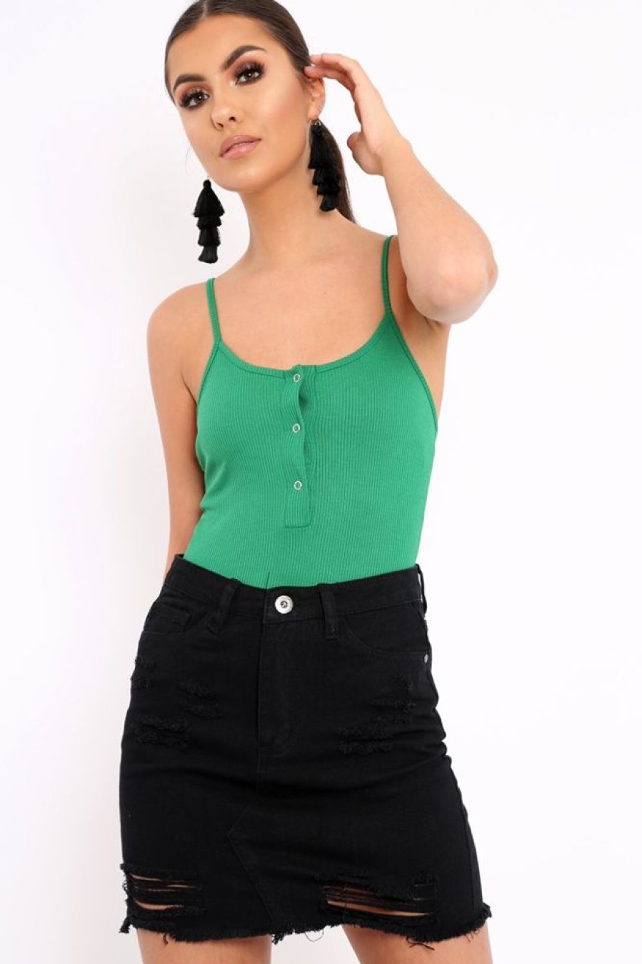 Clothing Rebellious Fashion | Green Ribbed Popper Front Bodysuit - Baylee