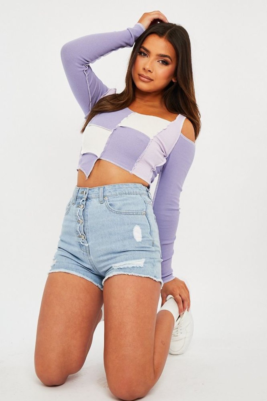 Clothing Rebellious Fashion | Lilac Colour Block Off Shoulder Crop Top - Lanae