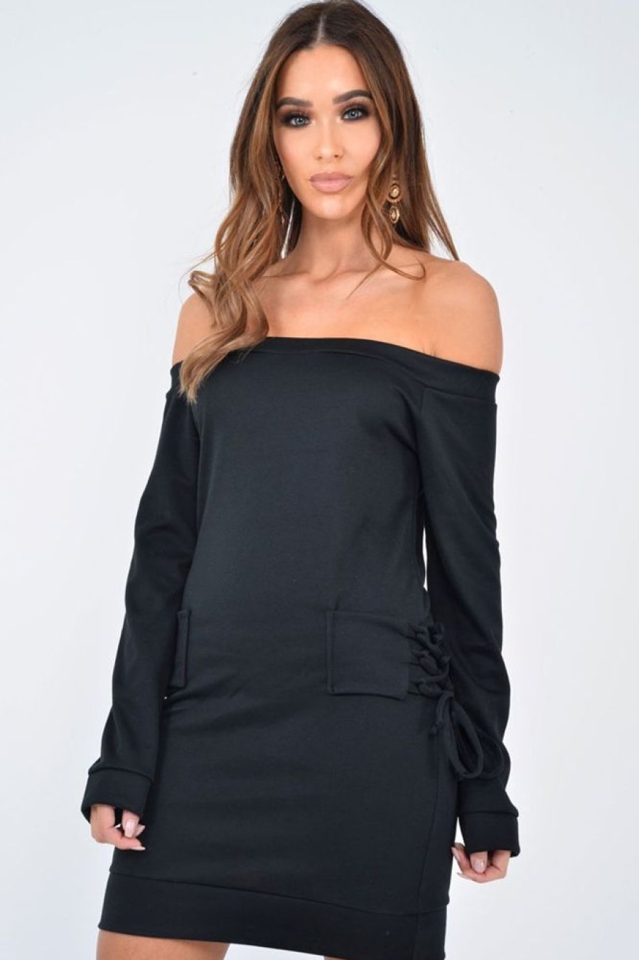 Clothing Rebellious Fashion | Black Lace Up Detail Bardot Jumper Dress - Aarna