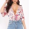 Clothing Rebellious Fashion | Pink Floral Satin Plunge Bodysuit - Feona