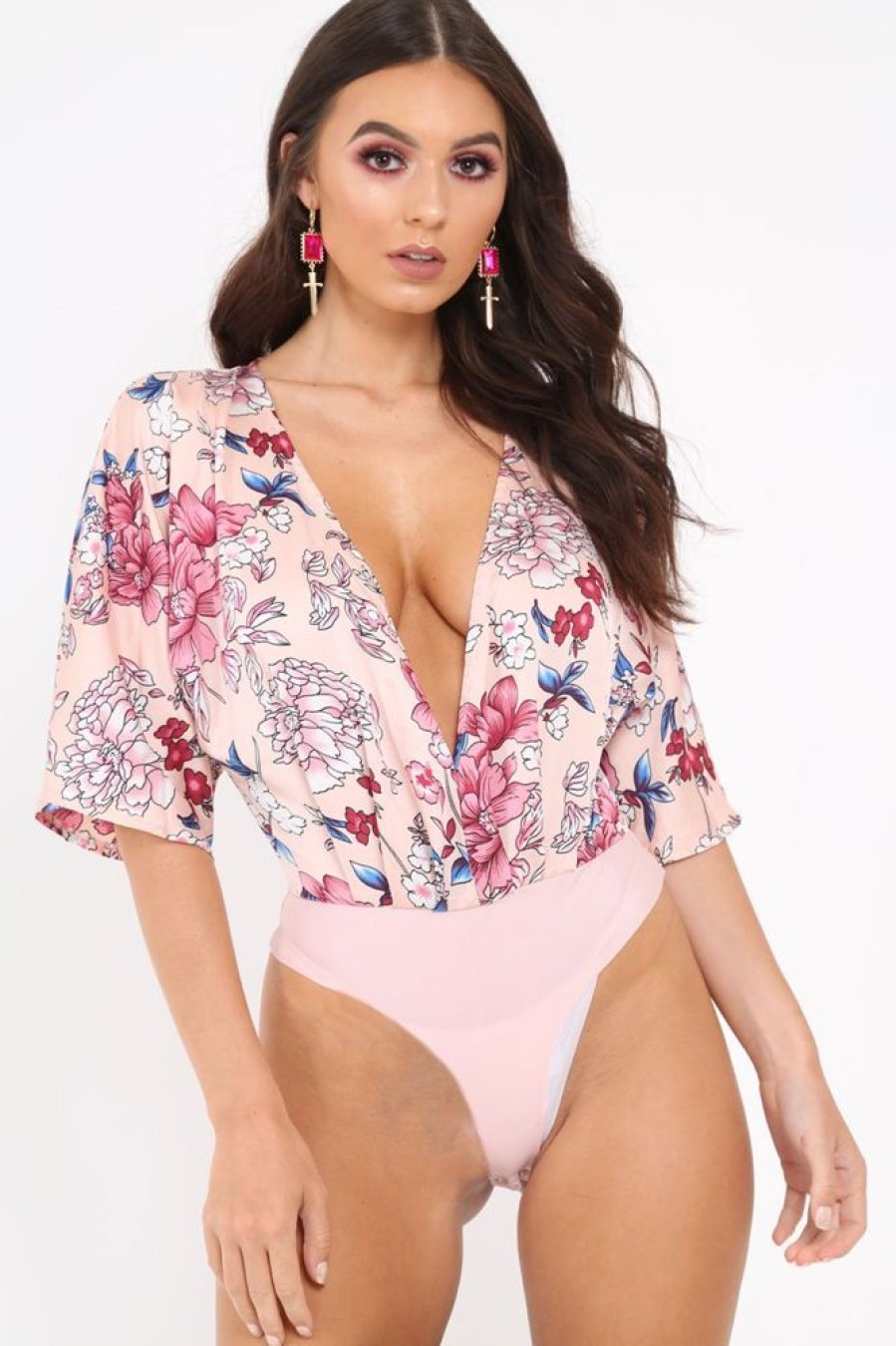 Clothing Rebellious Fashion | Pink Floral Satin Plunge Bodysuit - Feona