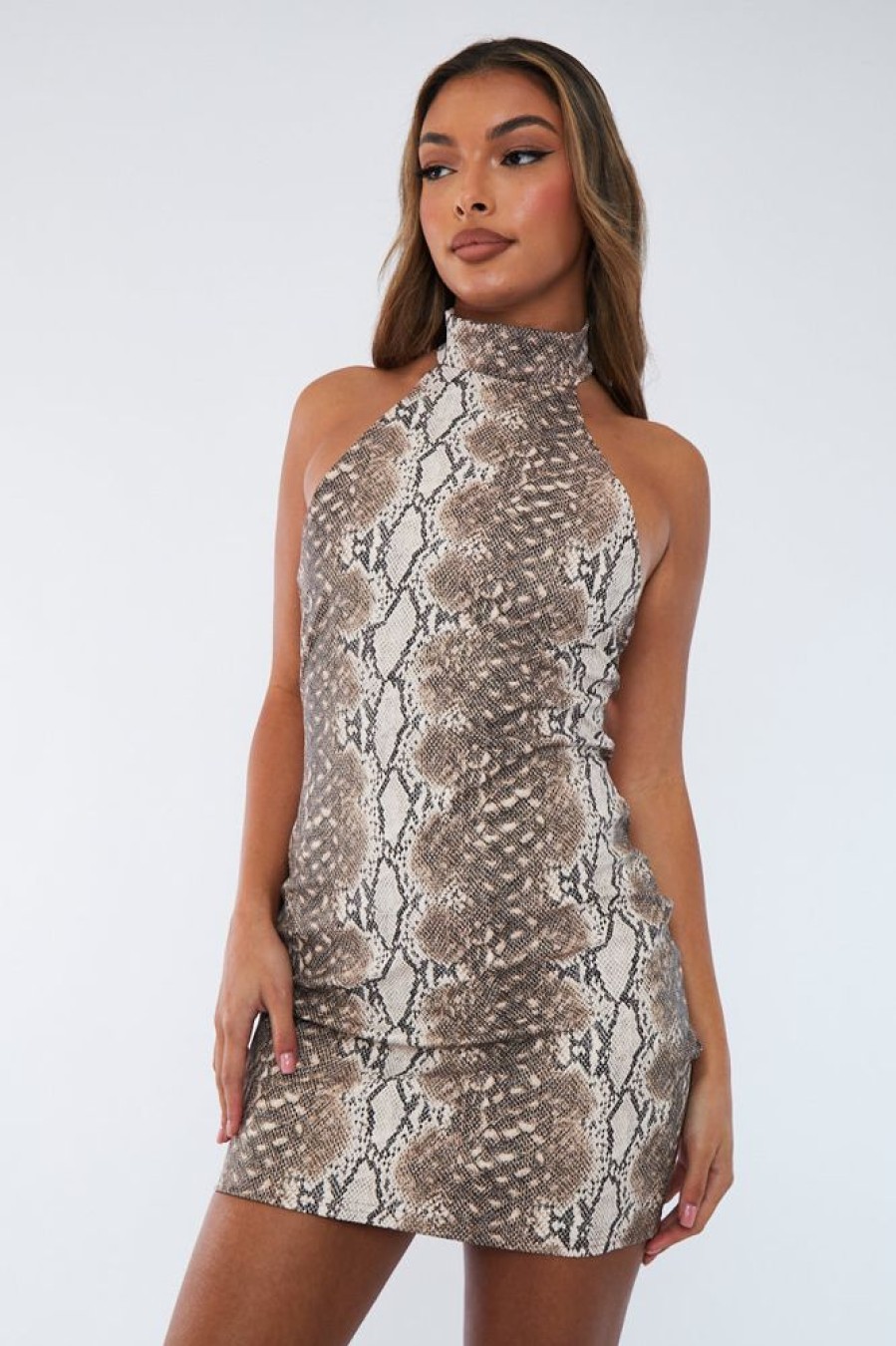 Clothing Rebellious Fashion | Beige Snake Print Pu Halter Neck Mini Dress - Cheryl