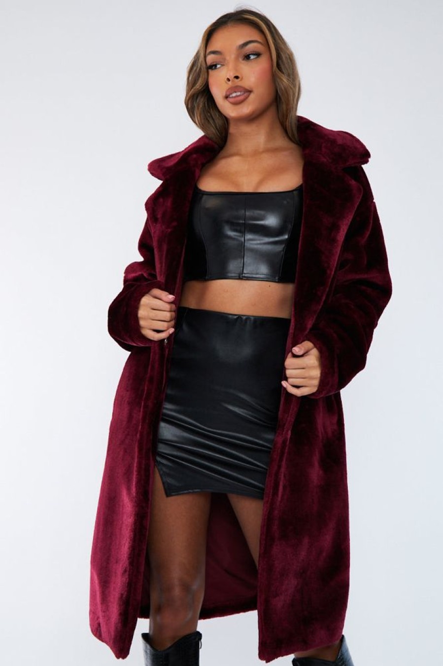 Clothing Rebellious Fashion | Berry Mid Length Faux Fur Coat - North