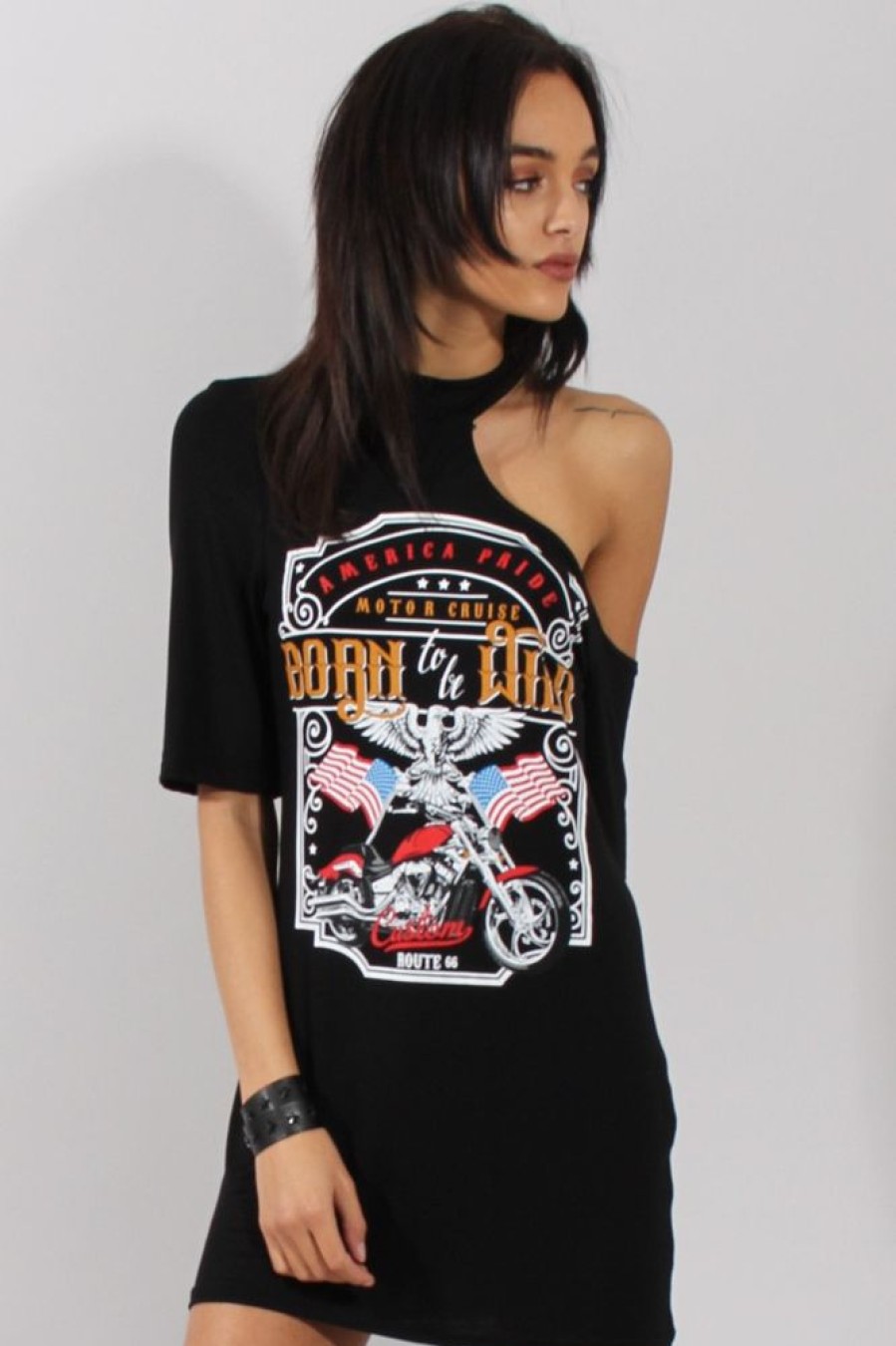 Clothing Rebellious Fashion | Black Born To Be Wild Cut Out Shoulder T-Shirt Dress - Lorelei