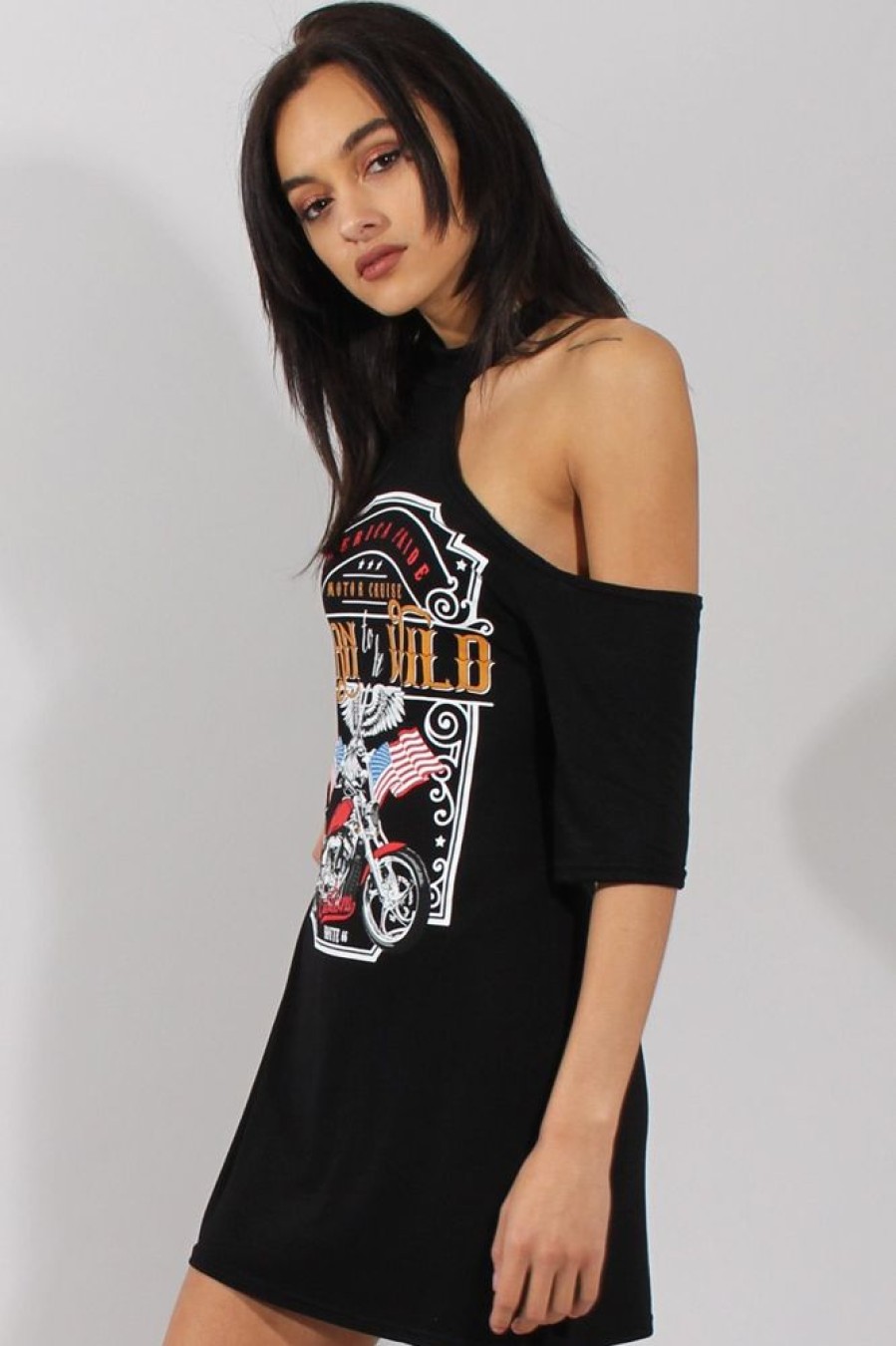 Clothing Rebellious Fashion | Black Born To Be Wild Cut Out Shoulder T-Shirt Dress - Lorelei