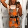 Clothing Rebellious Fashion | Orange Check Ring Detail Pinafore Dress - Blaire