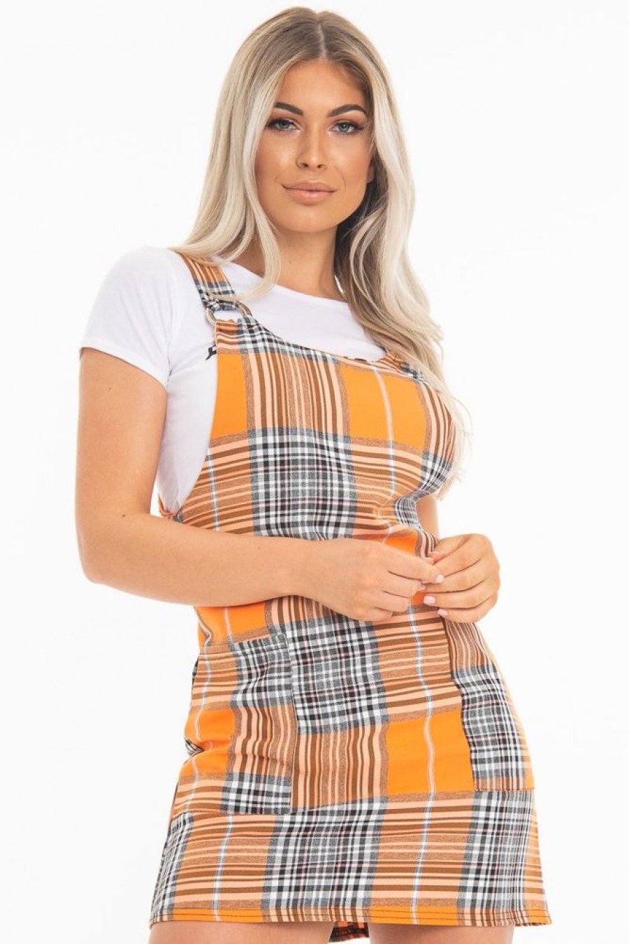 Clothing Rebellious Fashion | Orange Check Ring Detail Pinafore Dress - Blaire