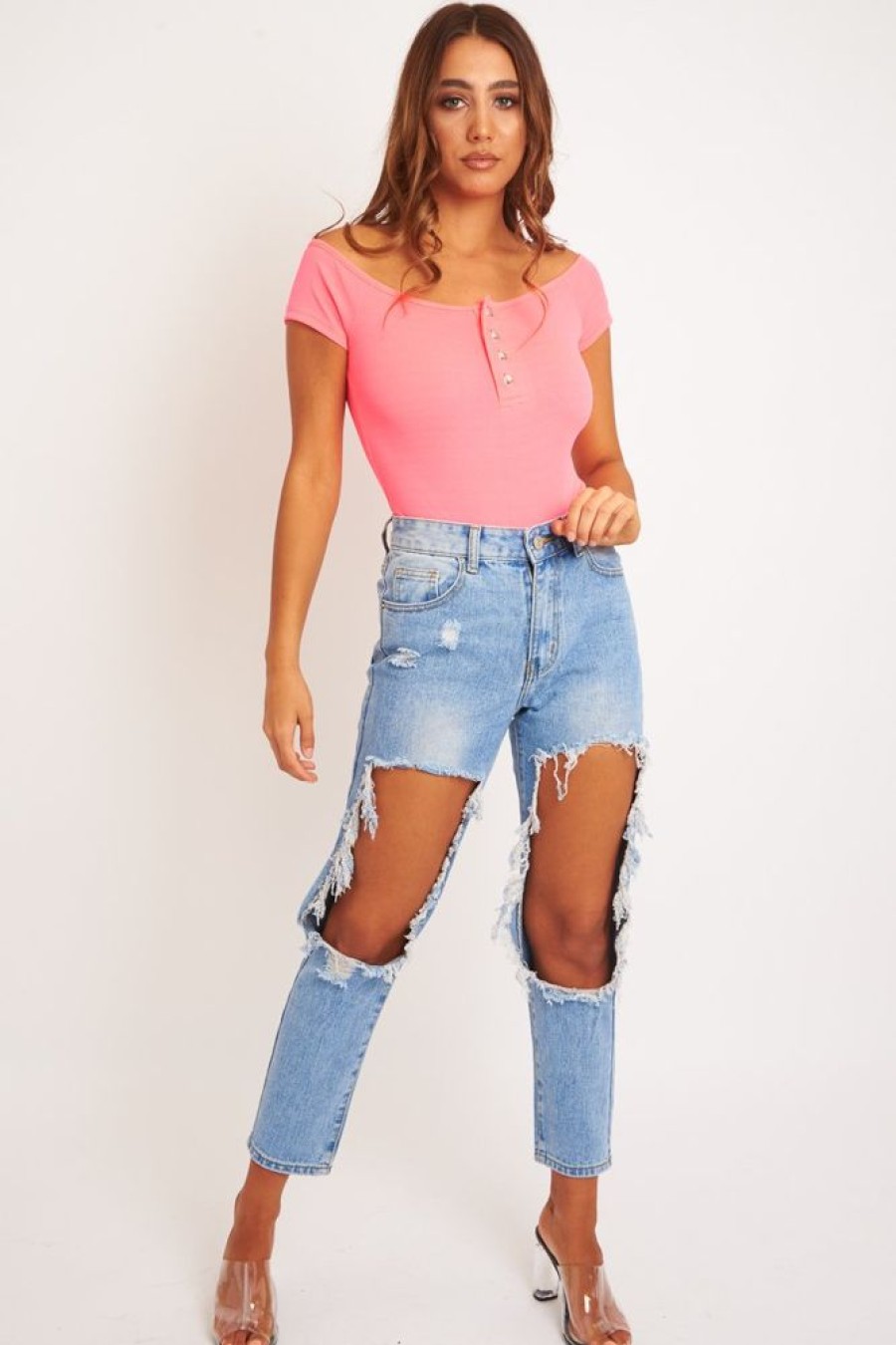 Clothing Rebellious Fashion | Neon Pink Bardot Button Down Bodysuit - Loda