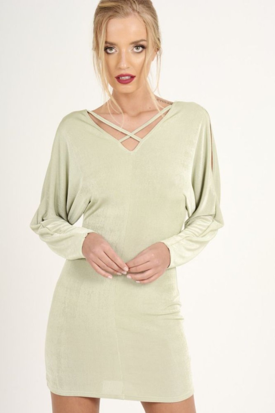 Clothing Rebellious Fashion | Mint Green Batwing Cold Shoulder Mini Dress - Sonia