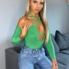 Clothing Rebellious Fashion | Green Slinky Strappy Crossover Cut Out Shoulders Bodysuit - Jorja