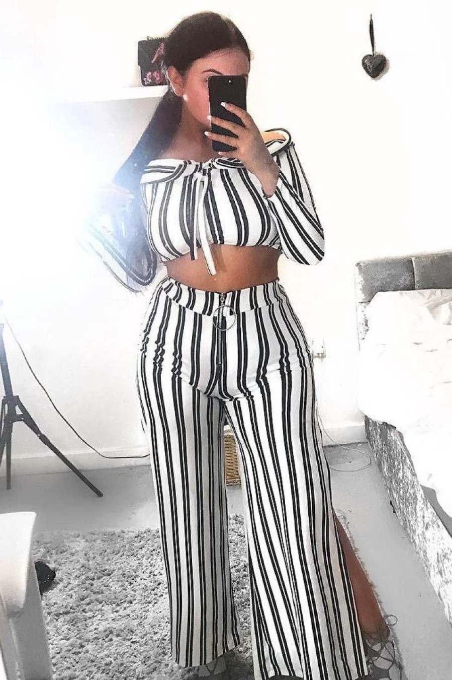 Clothing Rebellious Fashion | White Stripe Bardot Ruffle Top And Trouser Set - Inas