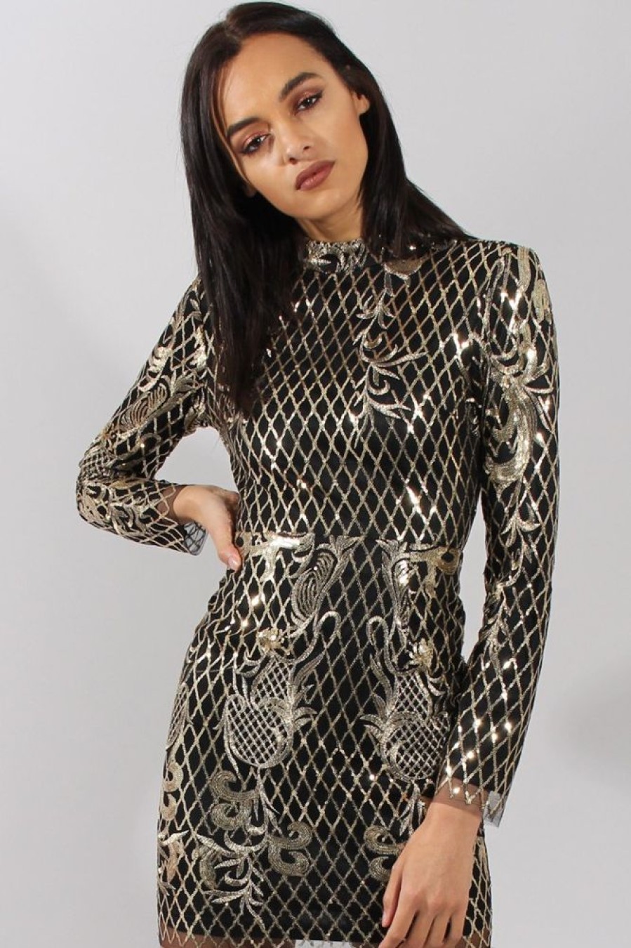 Clothing Rebellious Fashion | Black High Neck Sequin Embellished Bodycon Dress - Laila