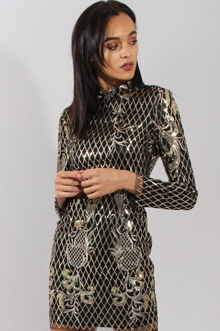 Clothing Rebellious Fashion | Black High Neck Sequin Embellished Bodycon Dress - Laila