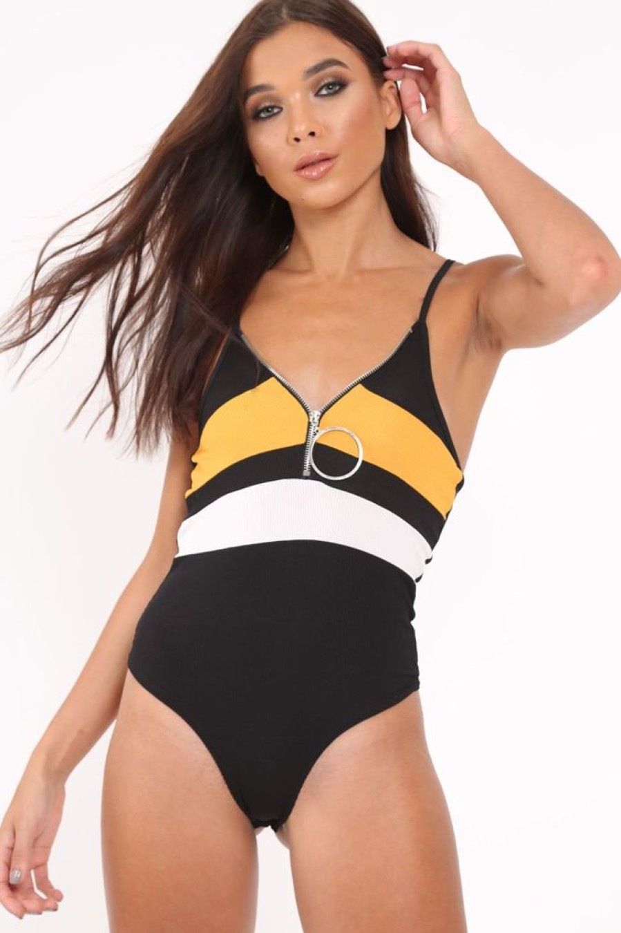 Clothing Rebellious Fashion | Black And Mustard Ribbed Ring Zip Front Bodysuit - Carmella