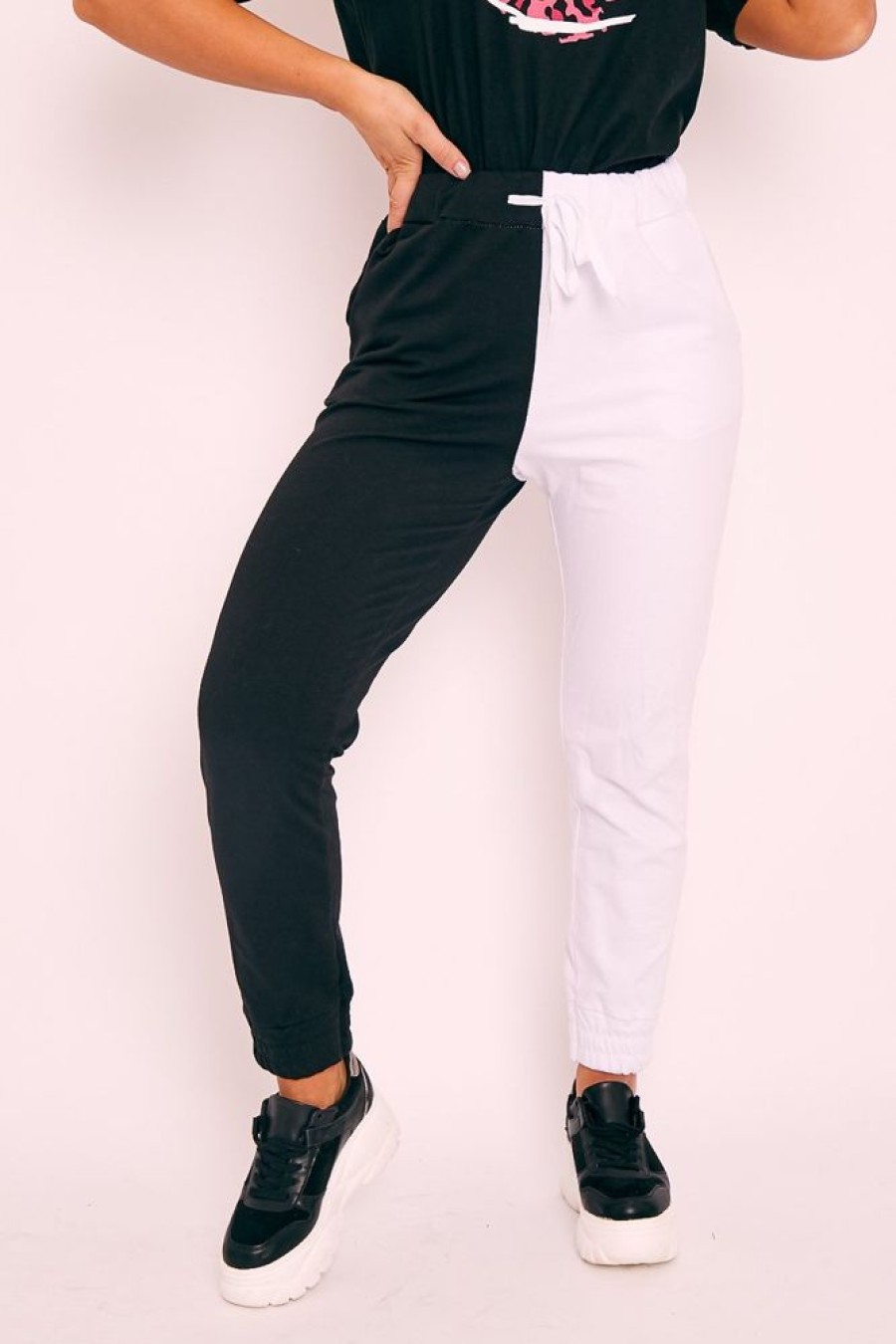 Clothing Rebellious Fashion | Black Half White Elasticated Waist Joggers - Dasha