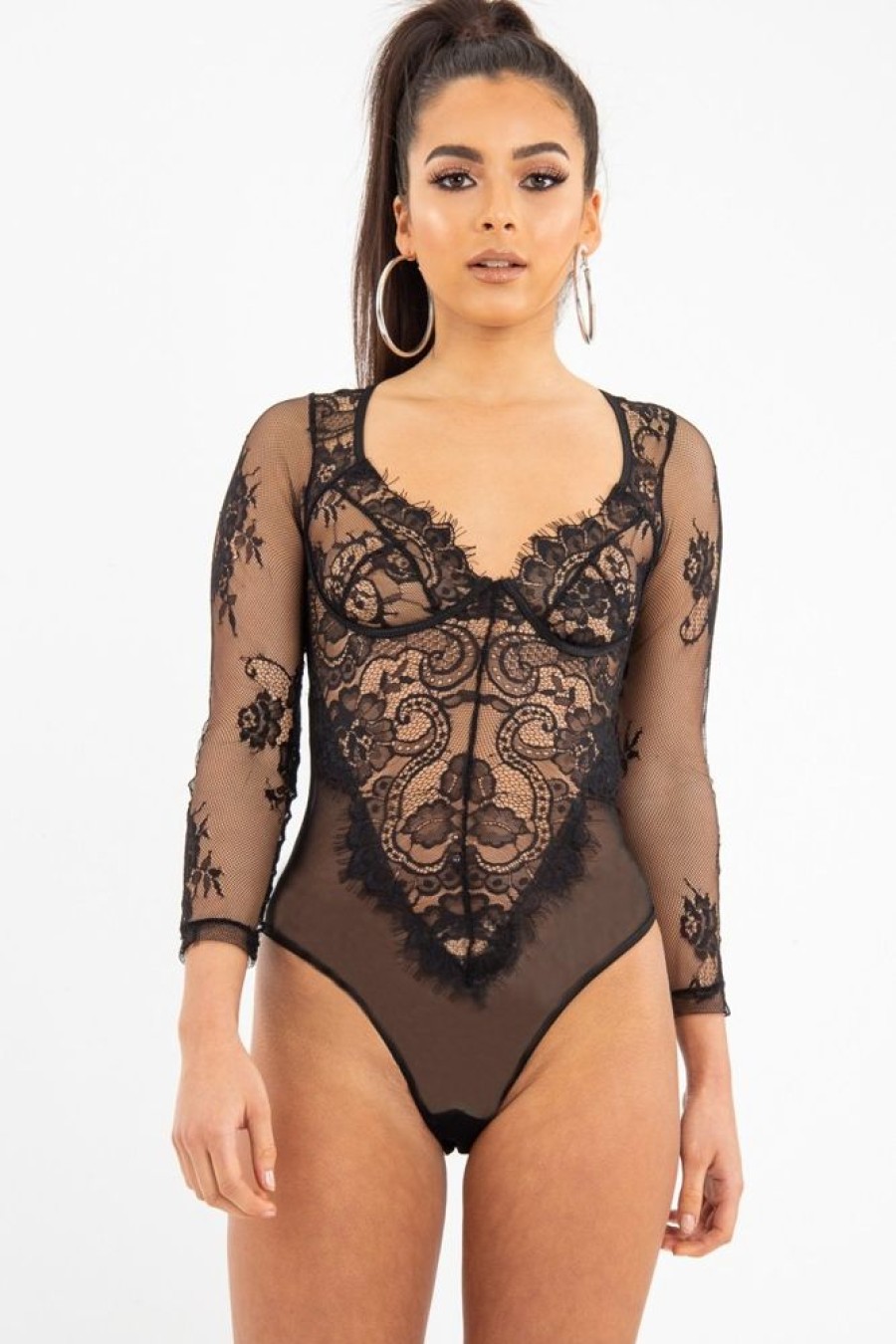 Clothing Rebellious Fashion | Black Sheer Lace Cup Long Sleeve Bodysuit - Izela