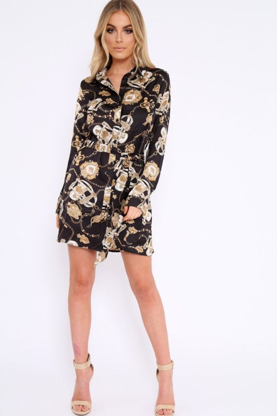 Clothing Rebellious Fashion | Black And Gold Chain Print Shirt Dress - Pollyann