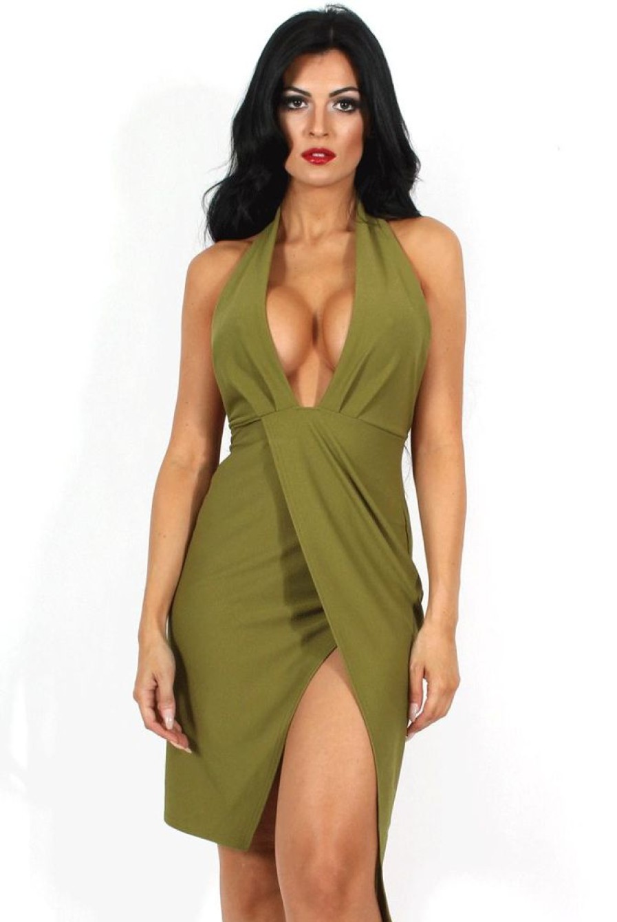 Clothing Rebellious Fashion | Cherie Khaki Halterneck Midi Dress