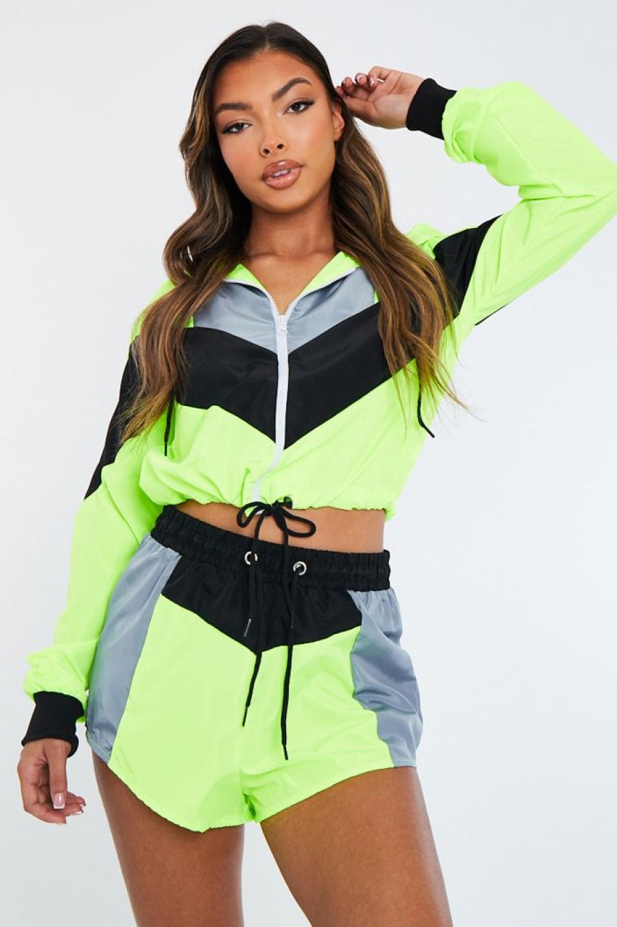 Clothing Rebellious Fashion | Lime Green Shell Hooded Jacket & Shorts - Jettie