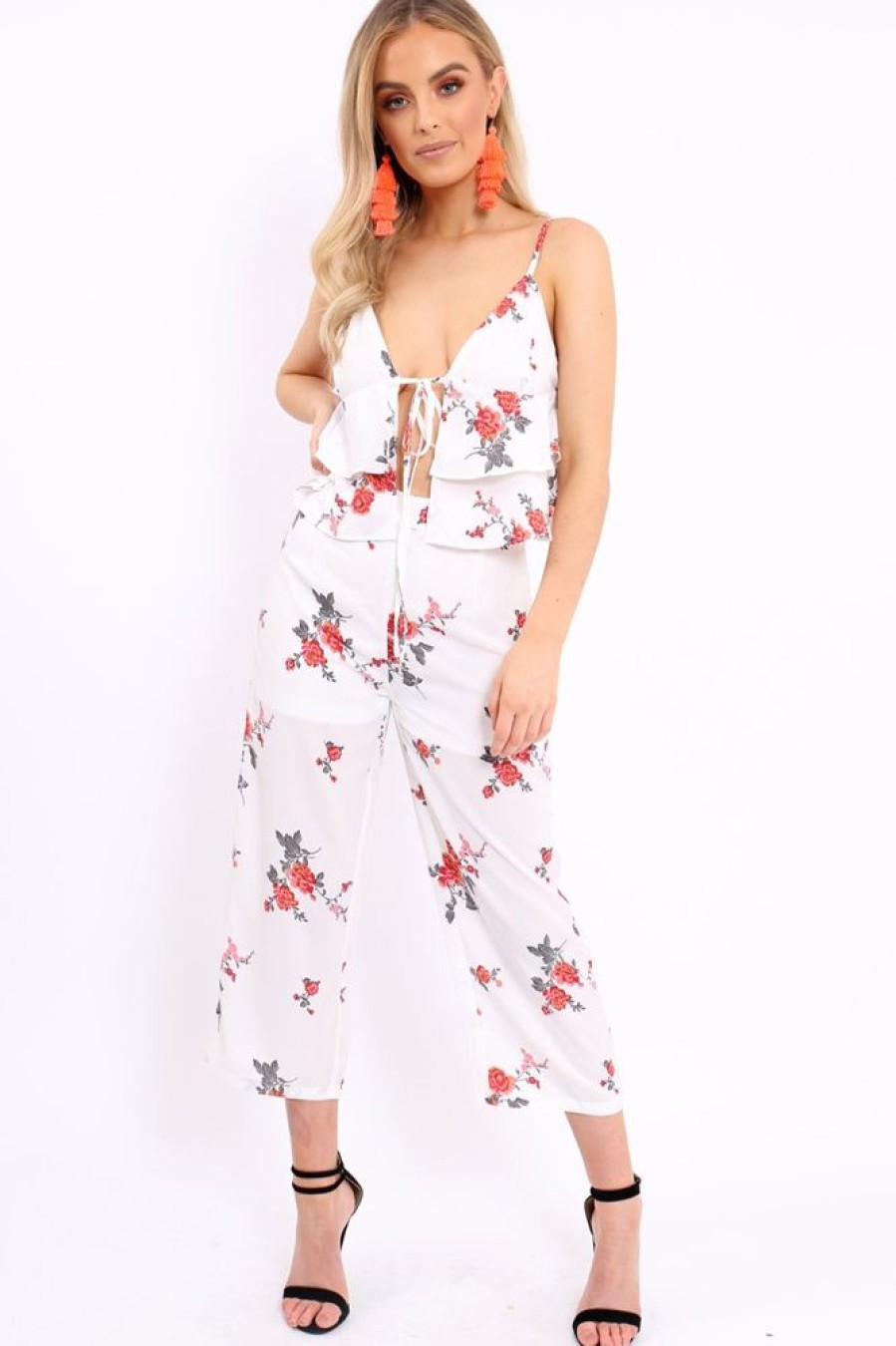 Clothing Rebellious Fashion | White Floral Bralet And Cropped Pants Co-Ord - Faria