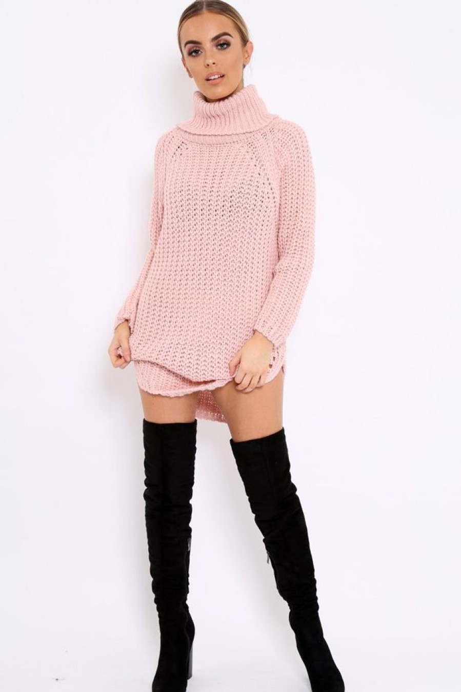 Clothing Rebellious Fashion | Rose Chunky Knit Roll Neck Cut Out Hem Jumper Dress - Catalina