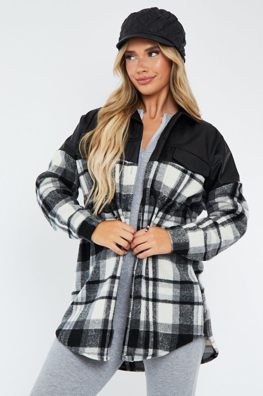 Clothing Rebellious Fashion | Black Checked Leather Contrast Pocket Front Shacket - Ciana