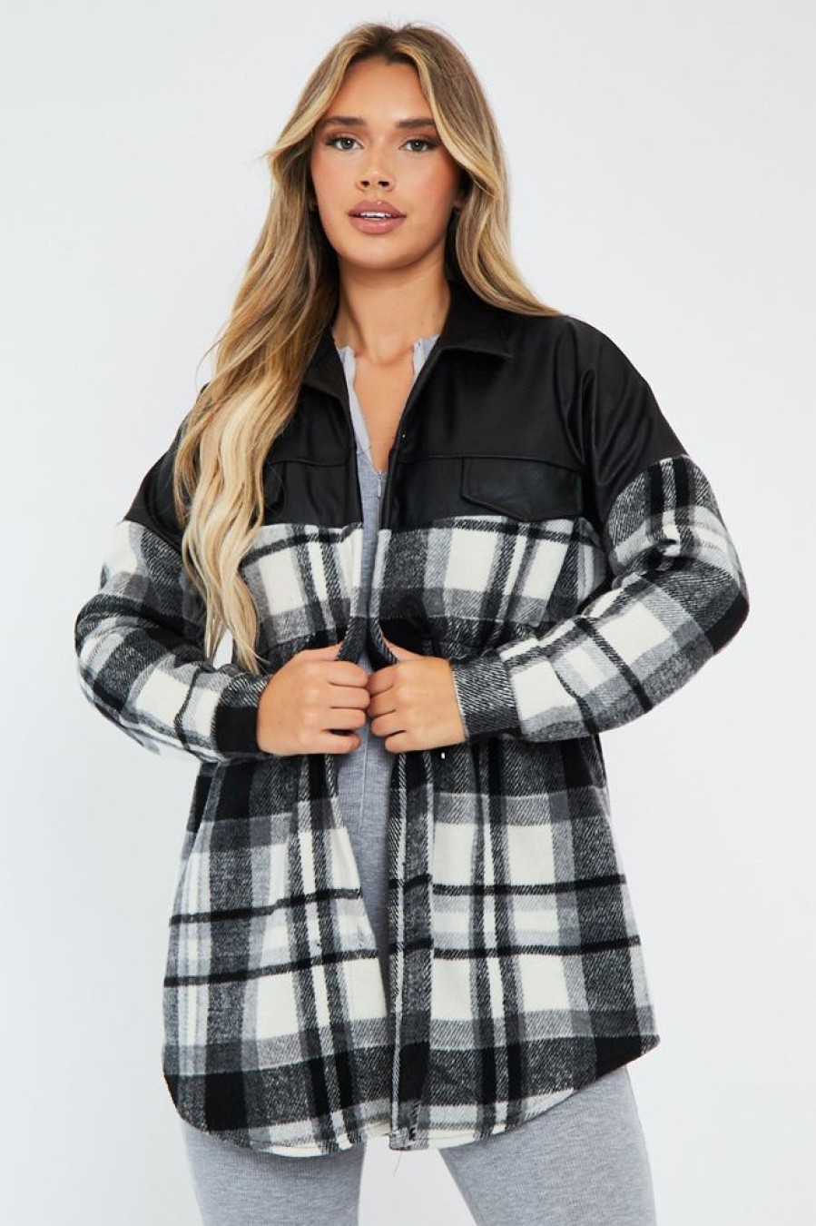 Clothing Rebellious Fashion | Black Checked Leather Contrast Pocket Front Shacket - Ciana