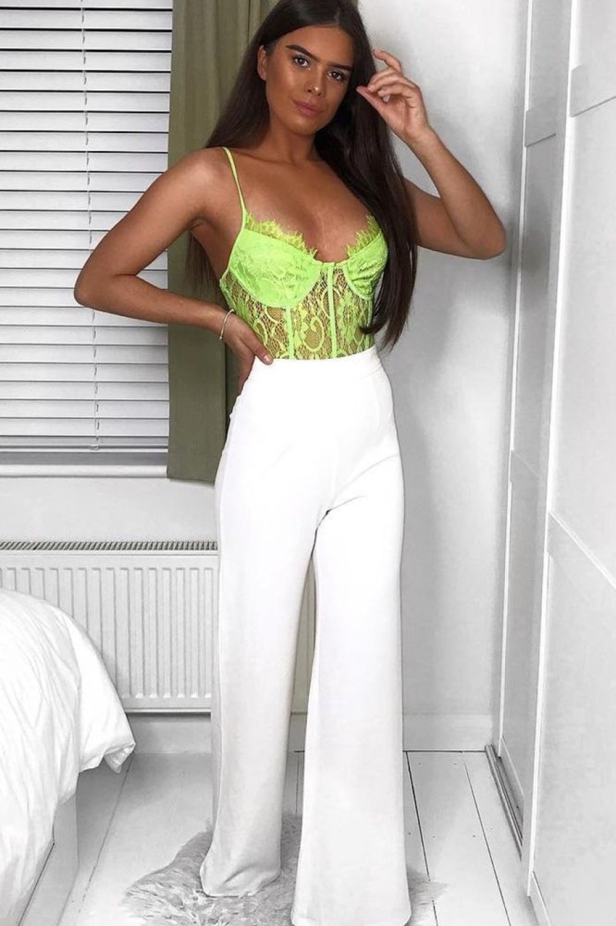 Clothing Rebellious Fashion | Lime Green Lace Flower Bodysuit - Faylen