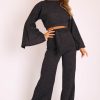 Clothing Rebellious Fashion | Black Glitter Wide Leg Ribbed Crop Top Co-Ord - Cybil