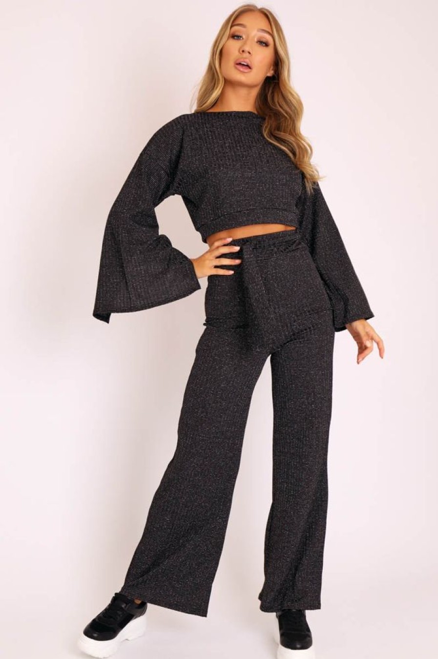 Clothing Rebellious Fashion | Black Glitter Wide Leg Ribbed Crop Top Co-Ord - Cybil