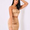 Clothing Rebellious Fashion | Gold Satin Ruched Crop Top Seam Detail Skirt Co-Ord - Dailah